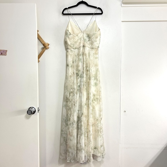 Jenny Yoo Inesse Chiffon V-Neck Spaghetti Strap Gown Floral Grey Multi Size 12 - Picture 6 of 12